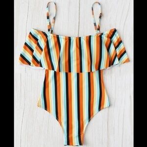 Multicolored Striped Off the Shoulder One Piece Swim Suit 1XL